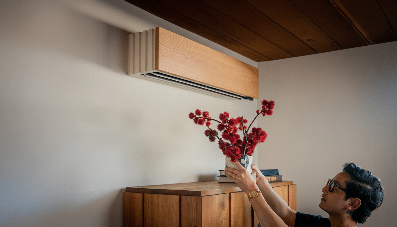 A man arranging a vase of red flowers on a wooden cabinet beneath a modern, wood-paneled air conditioning unit on a white wall.