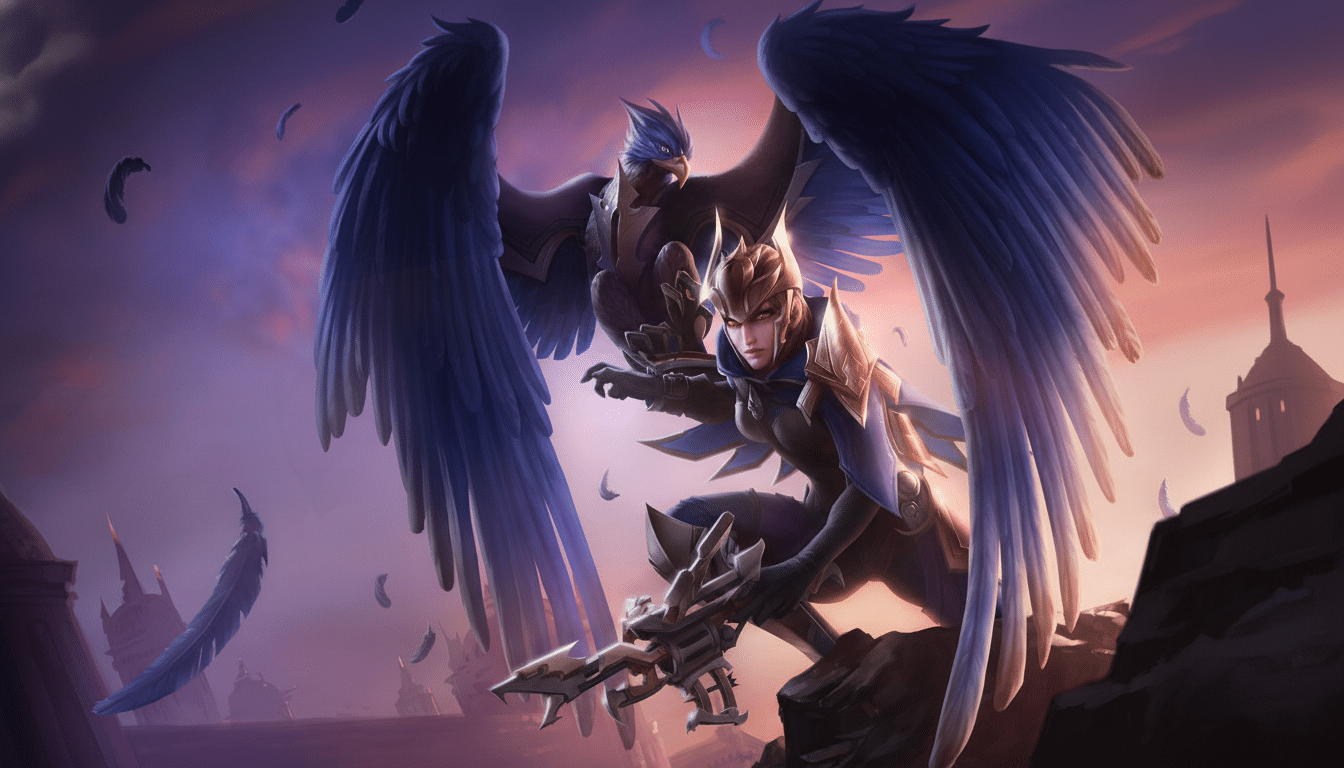A female warrior with large blue wings and a bird companion with similar wings, set against a dramatic purple and orange sky.