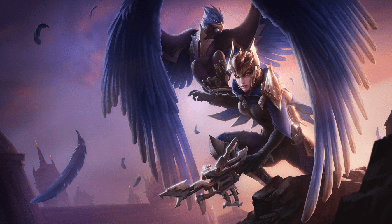 A female warrior with large blue wings and a bird companion with similar wings, set against a dramatic purple and orange sky.