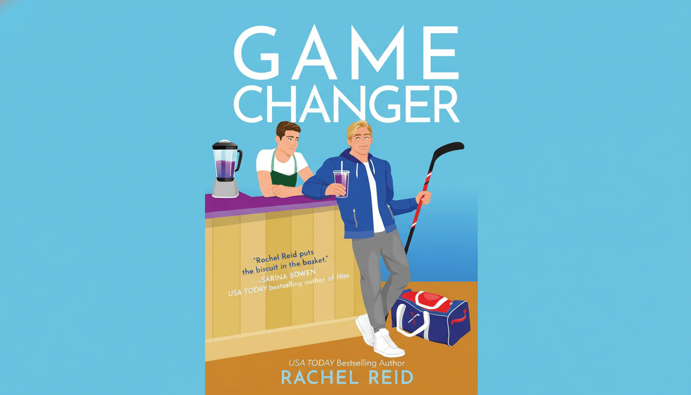 The book cover for Game Changer by Rachel Reid, featuring two men. One man, with blonde hair, leans against a counter holding a drink and a hockey stick, with a hockey bag at his feet. The other man, with brown hair, stands behind the counter. The title GAME CHANGER is prominently displayed at the top.