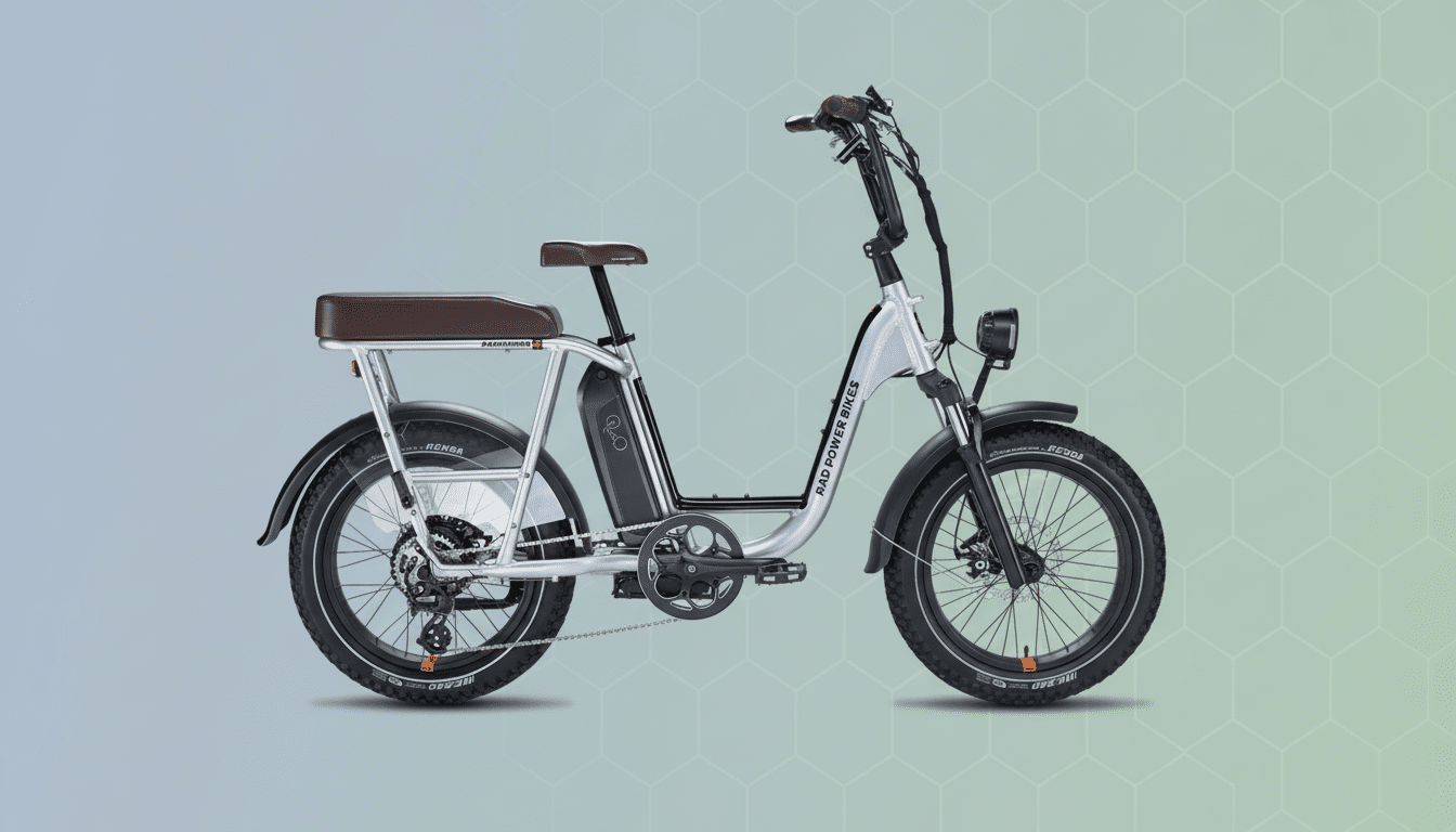 A silver Rad Power Bikes RadRunner electric utility bike with a brown seat and black tires, presented on a professional flat design background with a soft blue-green gradient and subtle geometric patterns.