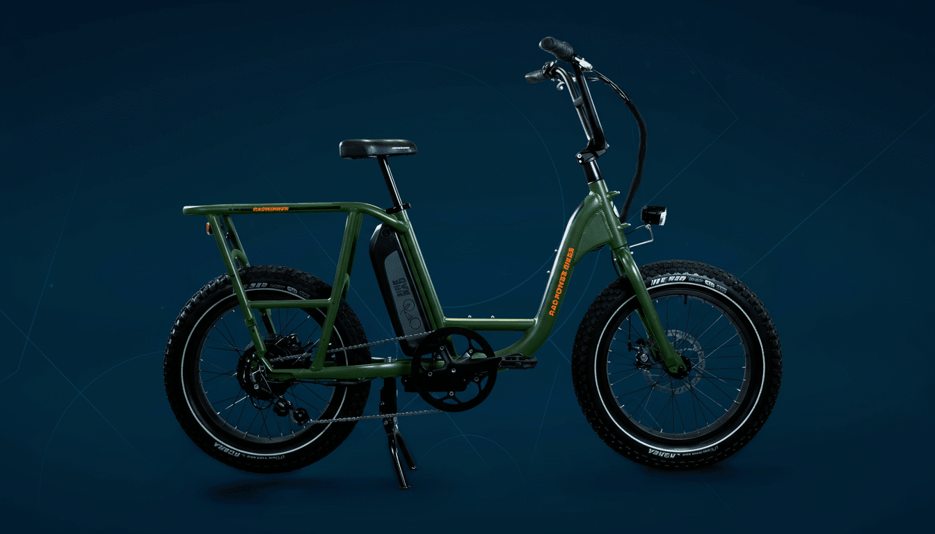 A green Rad Power Bikes RadRunner electric utility bike with thick tires and a rear cargo rack, presented on a dark blue background with subtle geometric patterns.