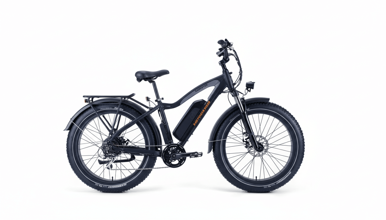 A black electric bicycle with thick tires and a battery pack on the frame, presented on a clean white background.