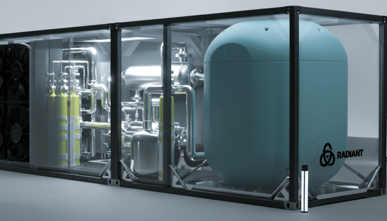 A professional image of a Radiant microreactor, showcasing its internal components and sleek design within a transparent container, resized to a 16:9 aspect ratio.