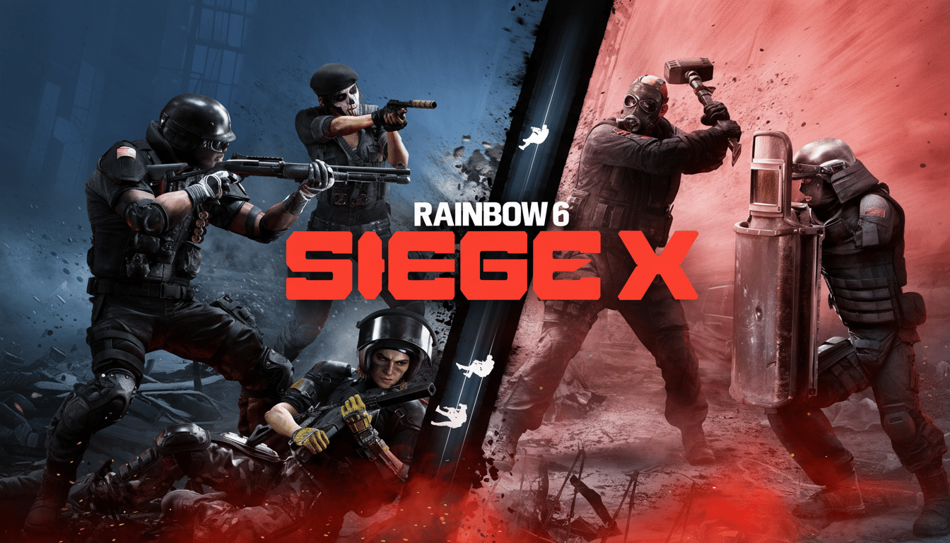 A promotional image for Rainbow Six Siege X, featuring several armed operators in tactical gear, split between a blue-toned background on the left and a red-toned background on the right.