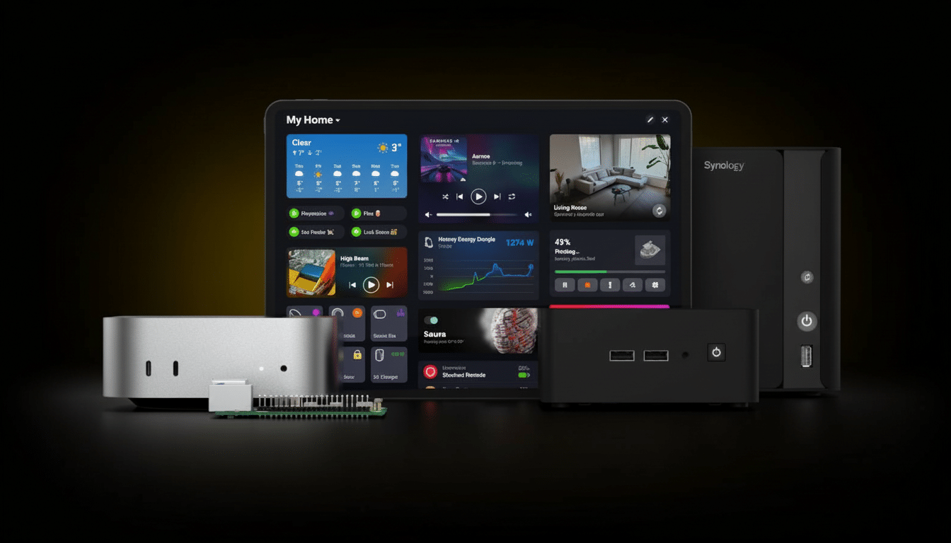 A collection of smart home devices, including a tablet displaying a home automation interface, a Synology NAS, and other electronic components, presented on a dark background.