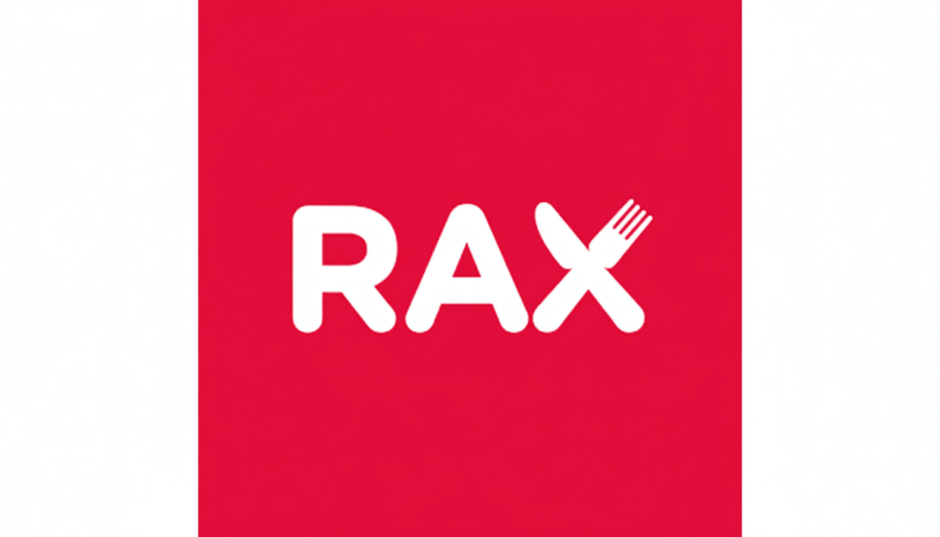 The Rax logo, featuring the word RAX in white capital letters with a stylized knife and fork forming the X, set against a red background, resized to a 16:9 aspect ratio with a white border.