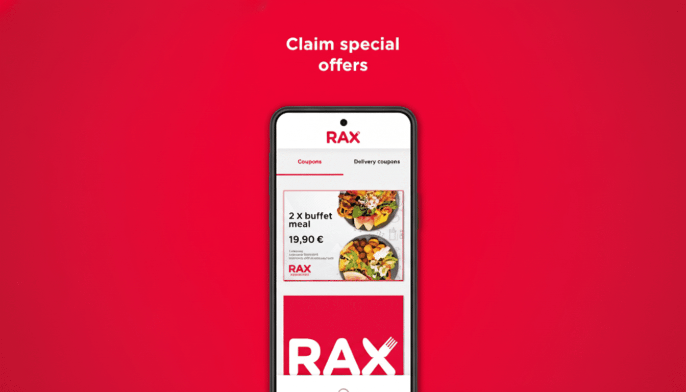A smartphone displaying the RAX app with a red background, showcasing special offers and coupons for buffet meals.