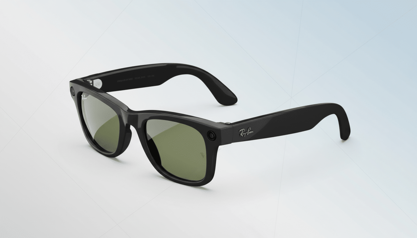 A pair of black Ray-Ban smart glasses with green lenses, presented on a professional flat design background with soft blue and white gradients.