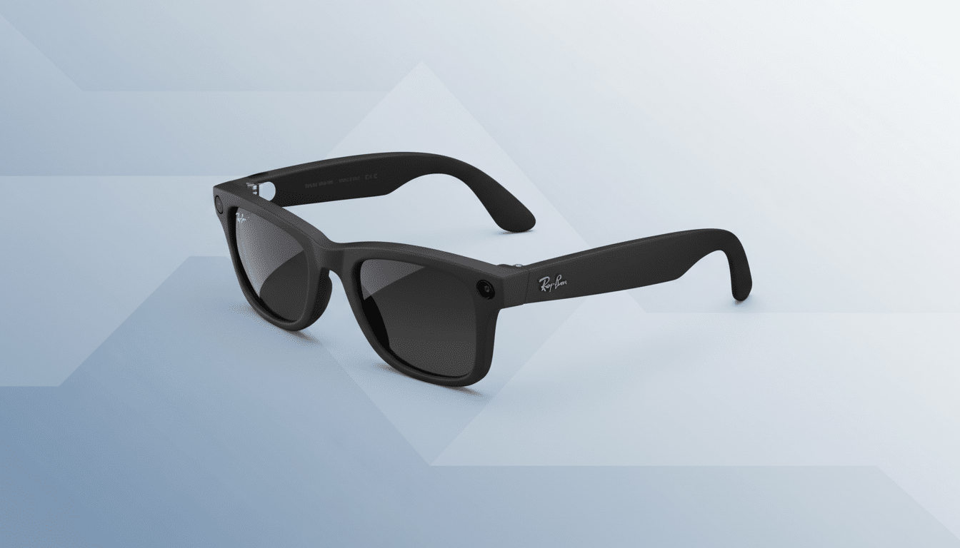 A pair of black Ray-Ban smart glasses with dark lenses, presented on a professional flat design background with soft blue and white gradients and subtle geometric patterns.