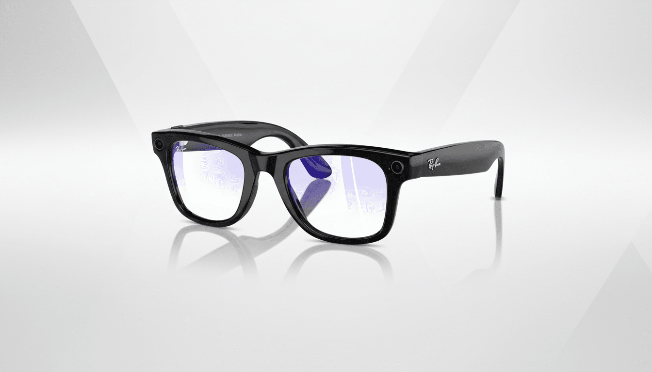A pair of black Ray-Ban smart glasses with blue light filtering lenses, presented on a professional flat design background with soft patterns and gradients.