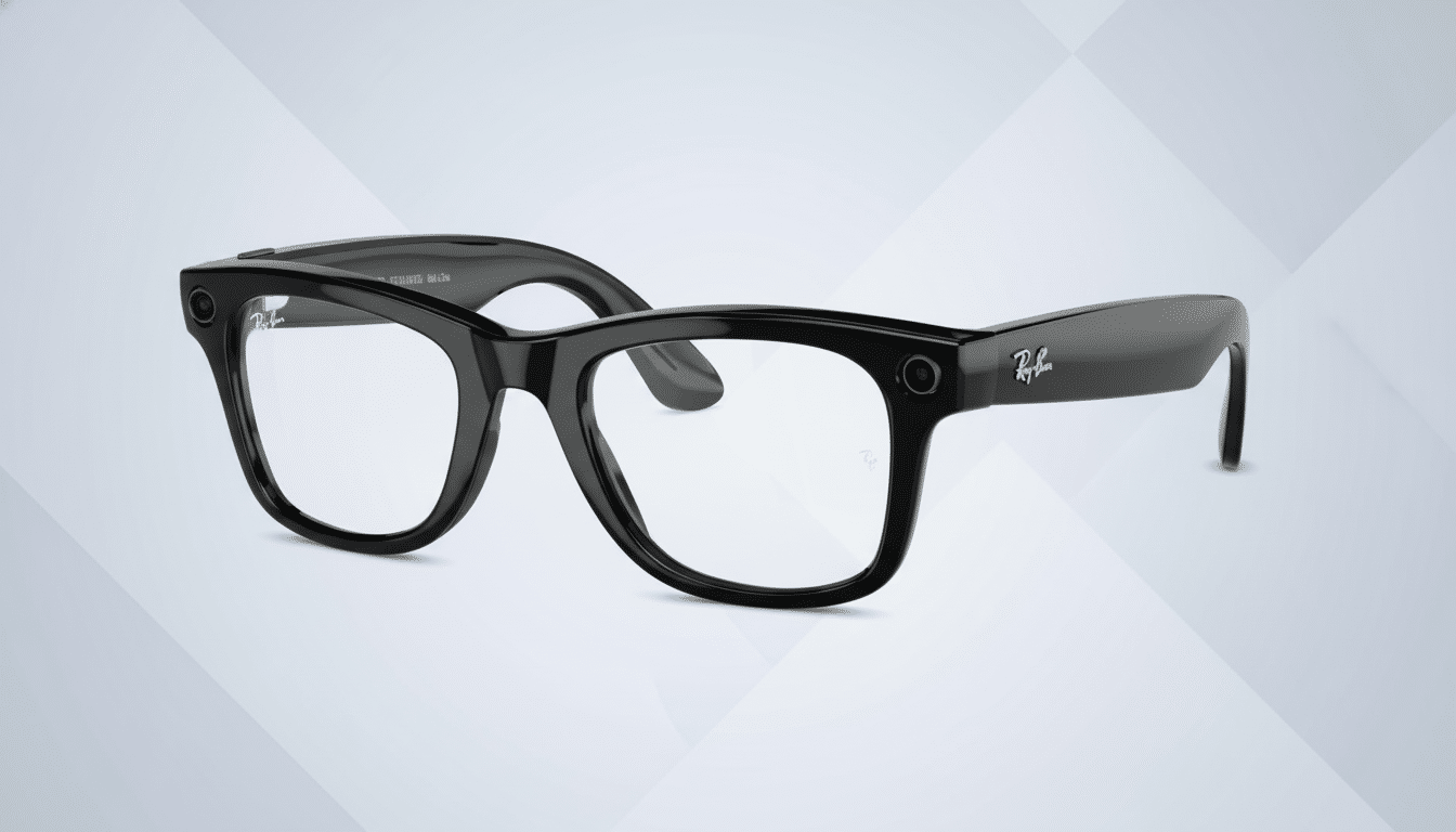 A pair of black Ray-Ban smart glasses with clear lenses, presented on a professional light gray background with subtle geometric patterns.
