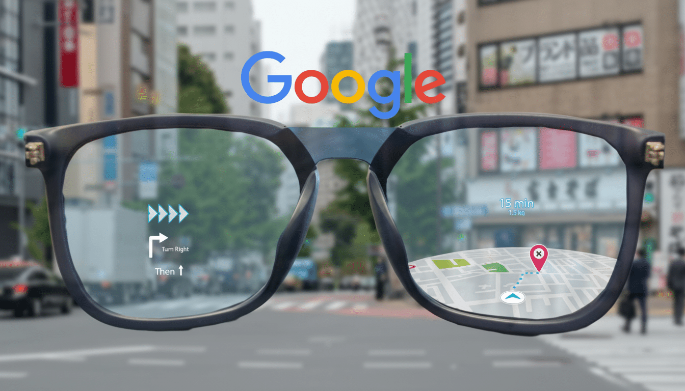 A pair of smart glasses with the Google logo above them, displaying navigation information over a blurred city street background.