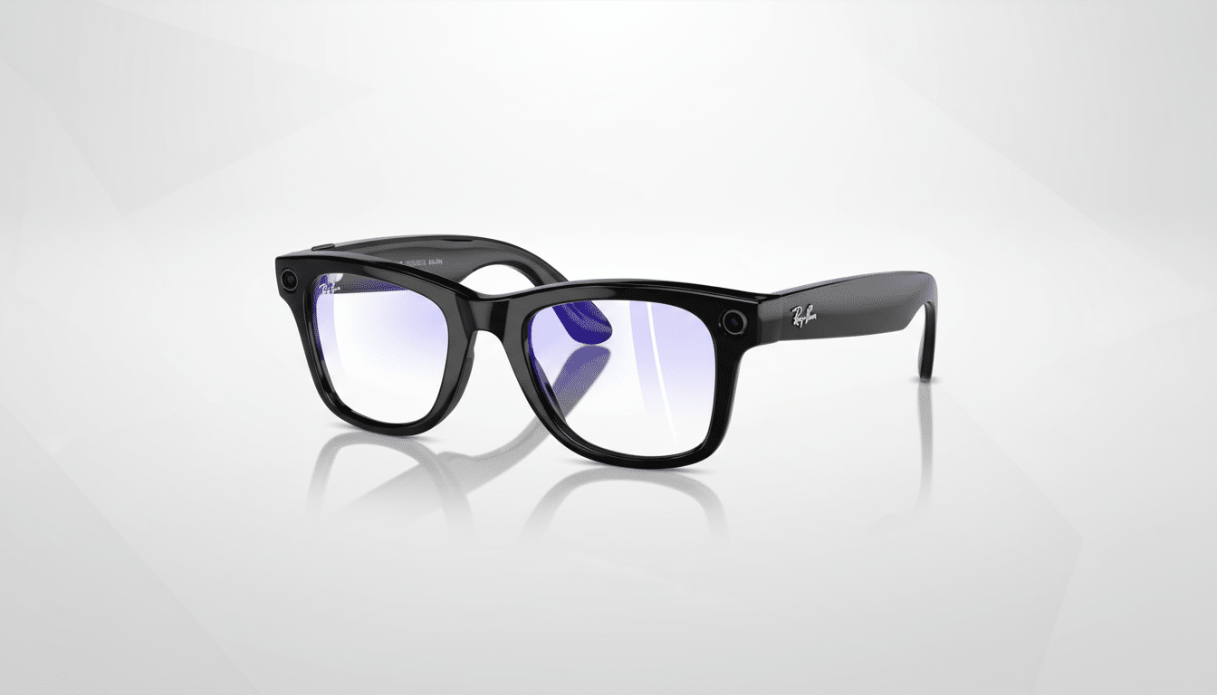 A pair of black Ray-Ban smart glasses with blue-tinted lenses, presented on a professional flat design background with soft patterns and gradients.