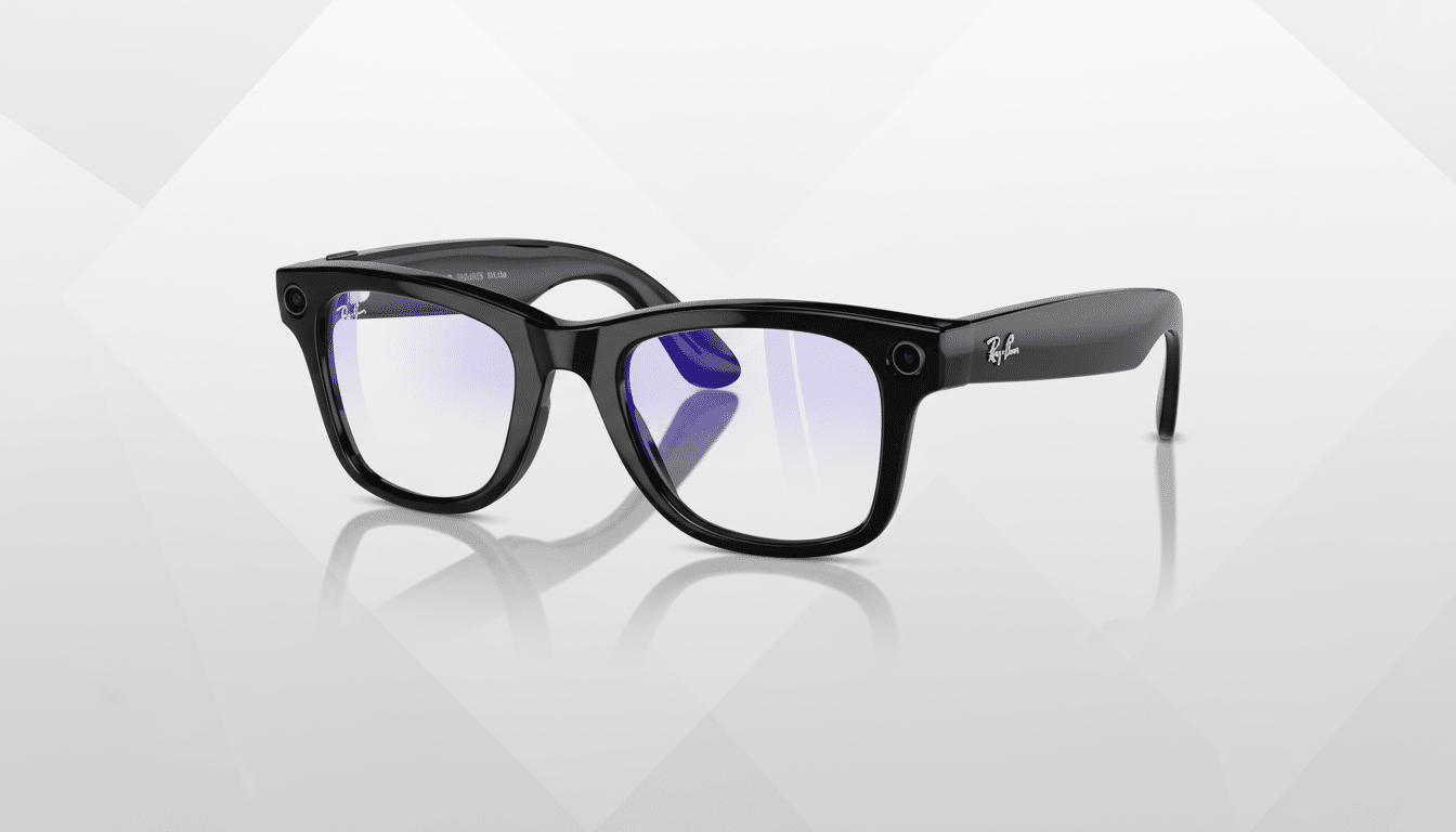 A pair of black Ray-Ban smart glasses with blue light filtering lenses, presented on a professional flat design background with soft patterns and gradients.