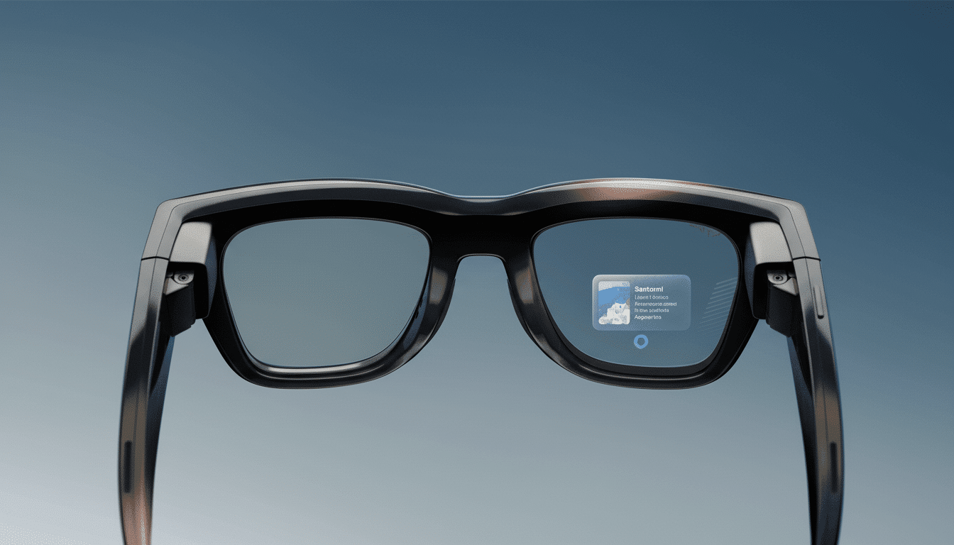 A pair of smart glasses displaying information about Santorini, an island in Greece, on its right lens.