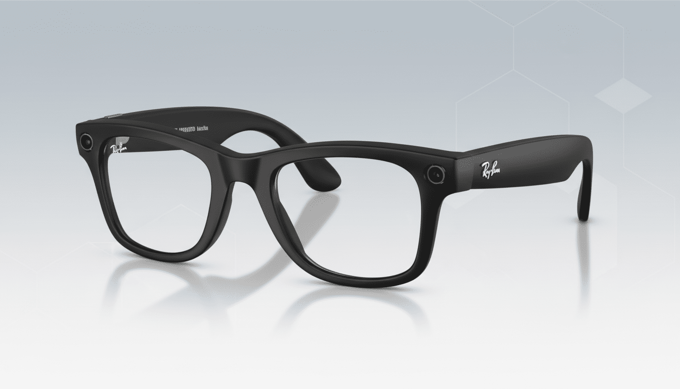 A pair of black Ray-Ban smart glasses with clear lenses, presented on a professional flat design background with soft patterns and gradients.