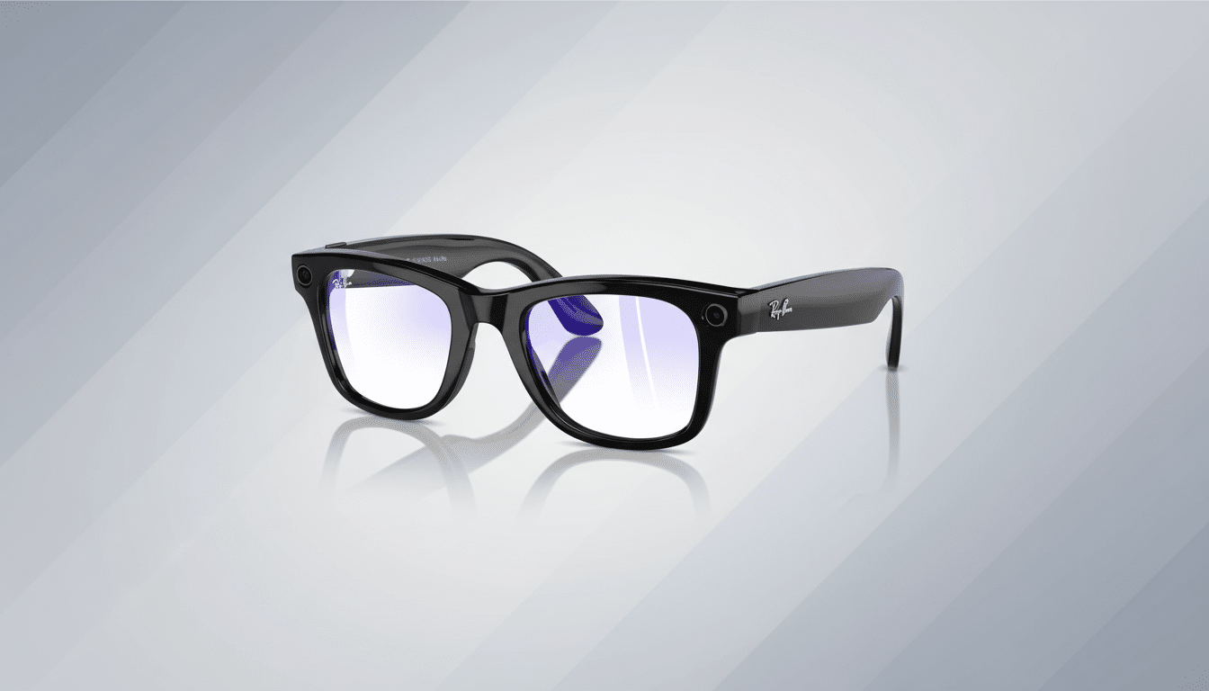A pair of black Ray-Ban smart glasses with blue light filtering lenses, presented on a professional flat design background with soft gray and white gradients.