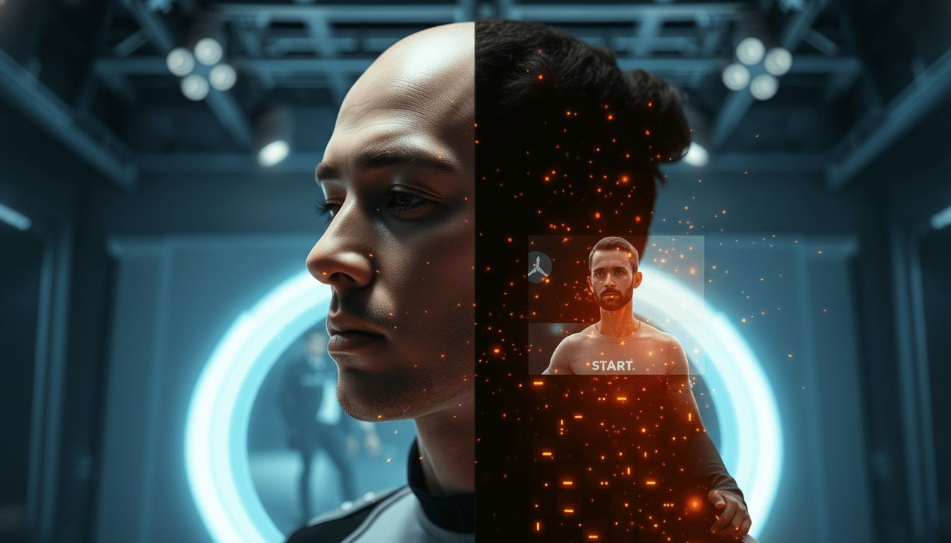 A mans face is split down the middle, with one half showing his natural appearance and the other half showing a digital, pixelated version of himself with a START button. The background is a futuristic, dimly lit room with a glowing blue ring.