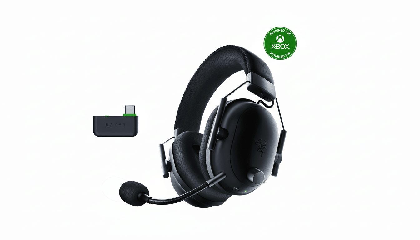 A black Razer Kaira Pro headset for Xbox with a detachable microphone and a USB-C dongle, presented on a white background.