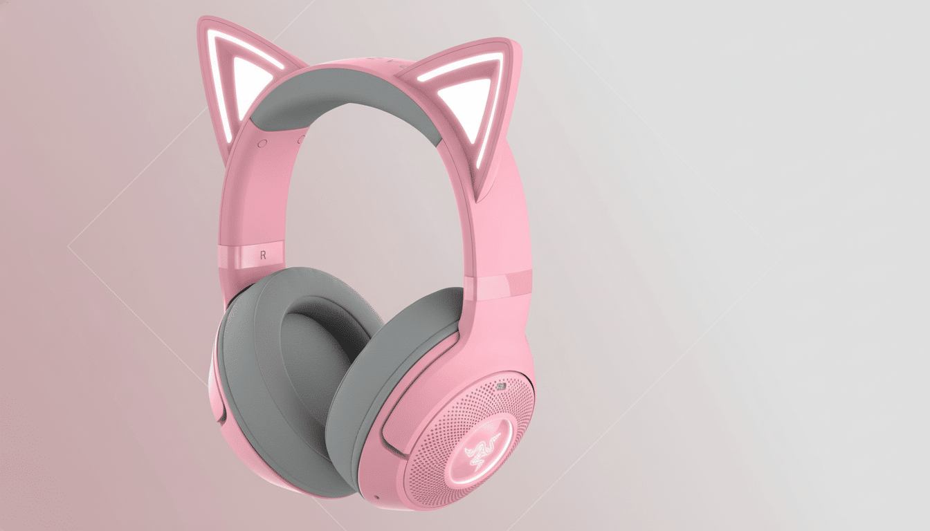 A pair of pink Razer Kraken Kitty Edition gaming headphones with glowing cat ears and earcups, presented on a soft pink and white gradient background.
