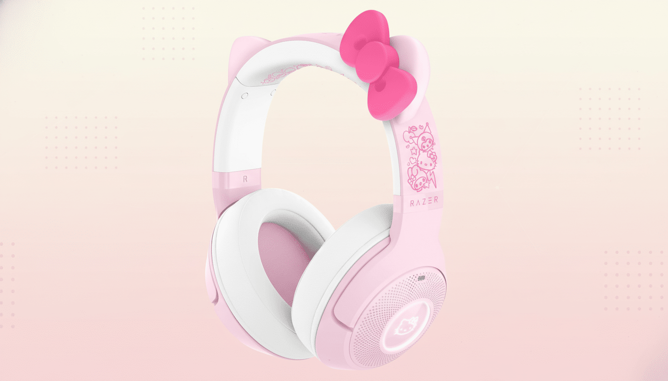 A pair of pink and white Razer Kraken Kitty Edition headphones with a Hello Kitty bow and ear details, presented on a soft pink gradient background with subtle dot patterns.