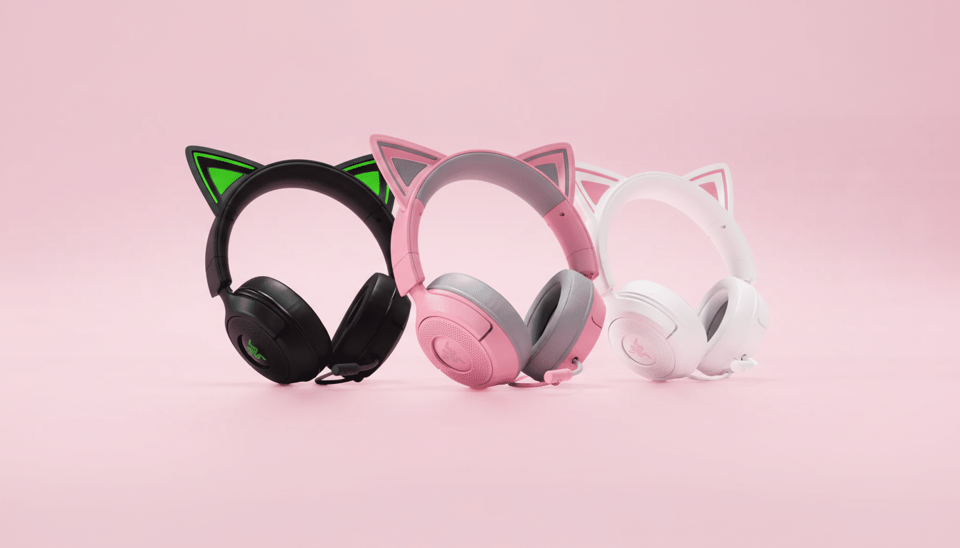 Three Razer Kraken Kitty Edition headsets in black, pink, and white, arranged on a pink background.