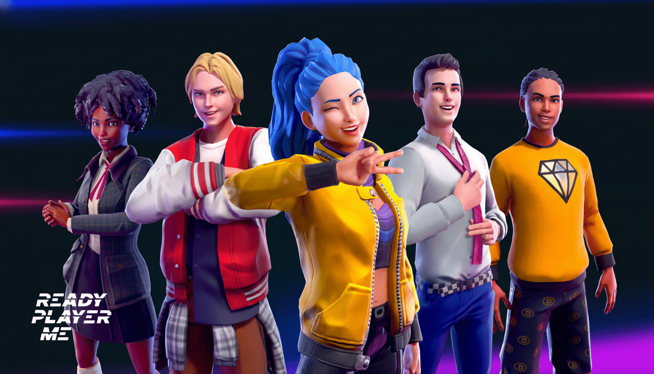 A group of five diverse 3D animated characters, with a woman in a yellow jacket and blue hair winking and making a peace sign in the foreground.