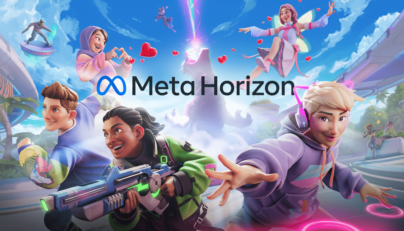The Meta Horizon logo is displayed prominently in the center of the image, surrounded by a diverse group of animated characters in a vibrant, fantastical setting.