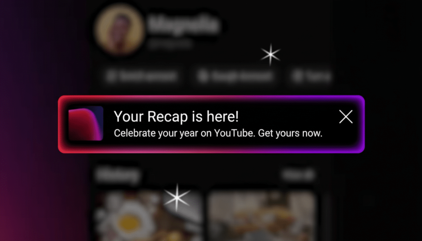 A YouTube notification banner with a red and purple gradient border, displaying Your Recap is here! Celebrate your year on YouTube. Get yours now.