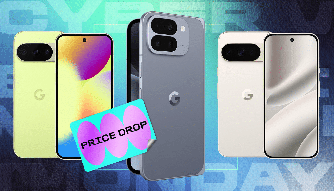 A 16:9 aspect ratio image featuring several smartphones, including a light green one, a gray one, and a white one, with a PRICE DROP tag in front. The background is a stylized CYBER MONDAY text.