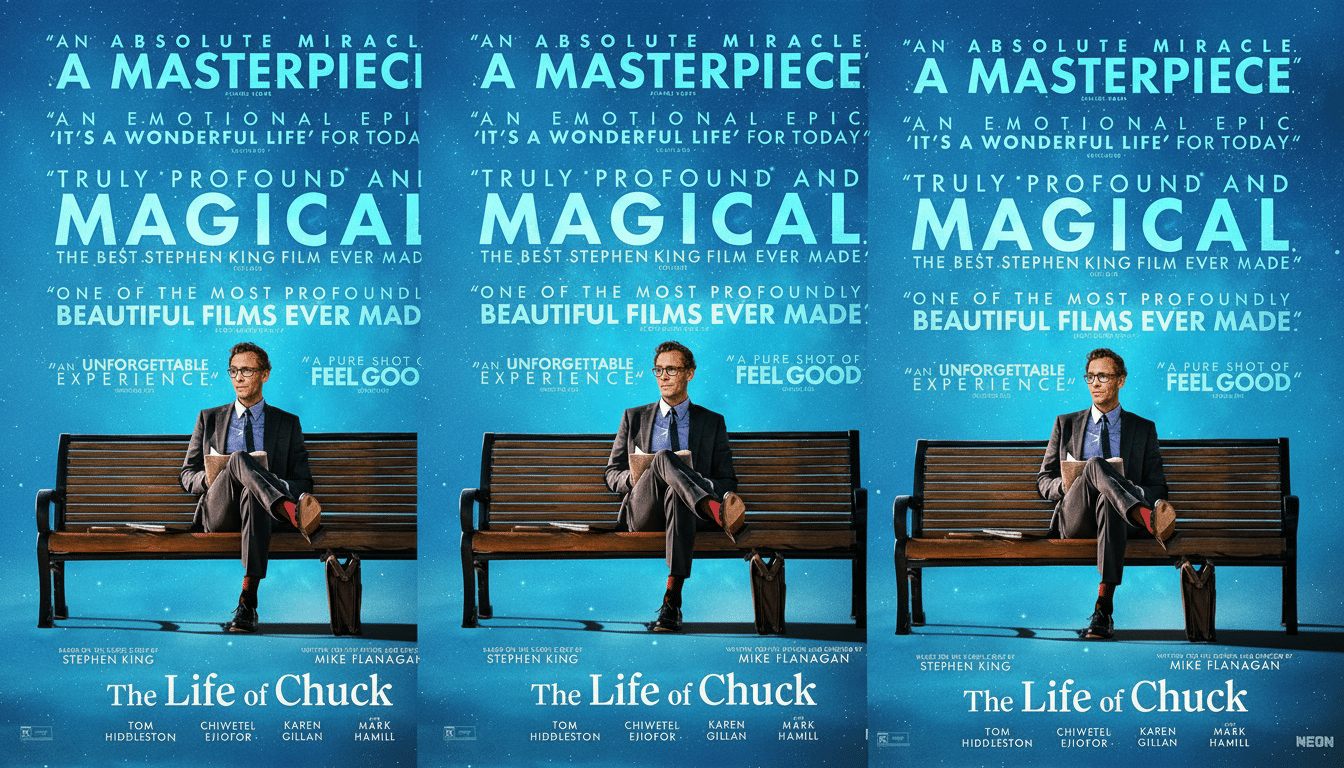A movie poster for The Life of Chuck featuring a man in a suit sitting on a bench, with critical acclaim text above and cast names below, resized to a 16:9 aspect ratio.
