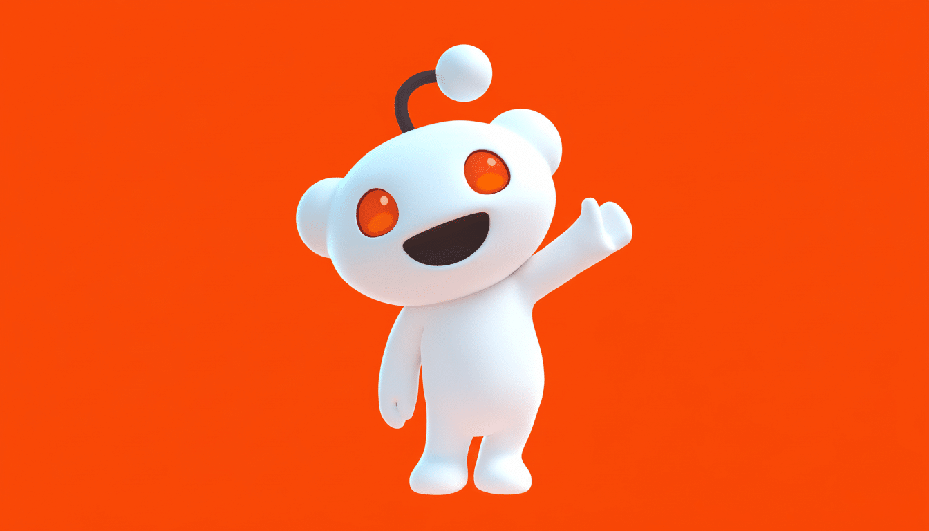 The Reddit mascot, Snoo, a white alien-like figure with orange eyes and an antenna, stands against a vibrant orange background, giving a thumbs-up.