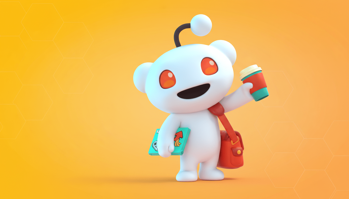 A 3D rendering of the Reddit mascot, Snoo, with a red messenger bag, holding a book and a coffee cup, against a professional orange background with subtle hexagonal patterns.