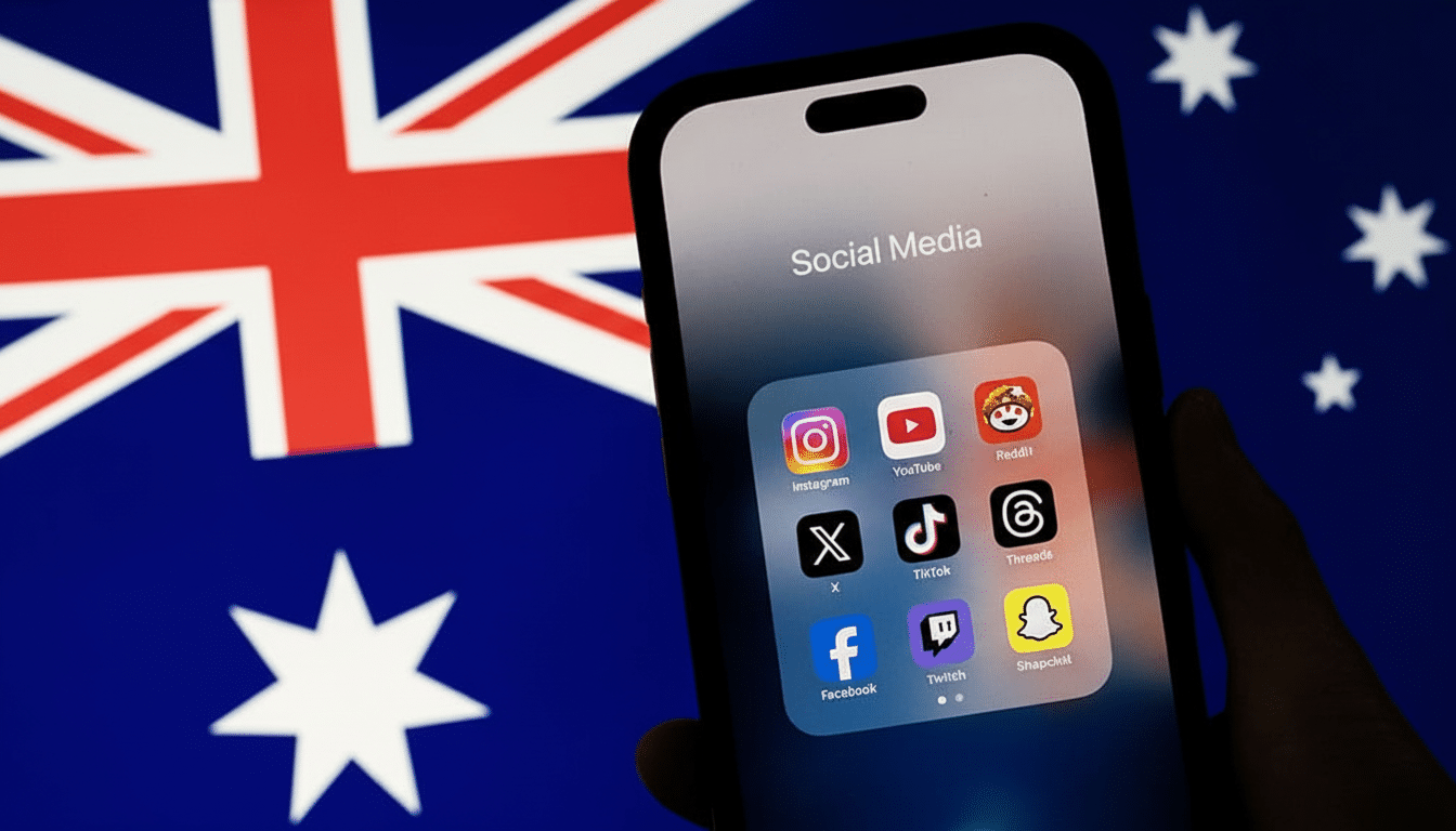 A hand holding a smartphone displaying a Social Media folder with various app icons, set against a blurred background of the Australian flag.