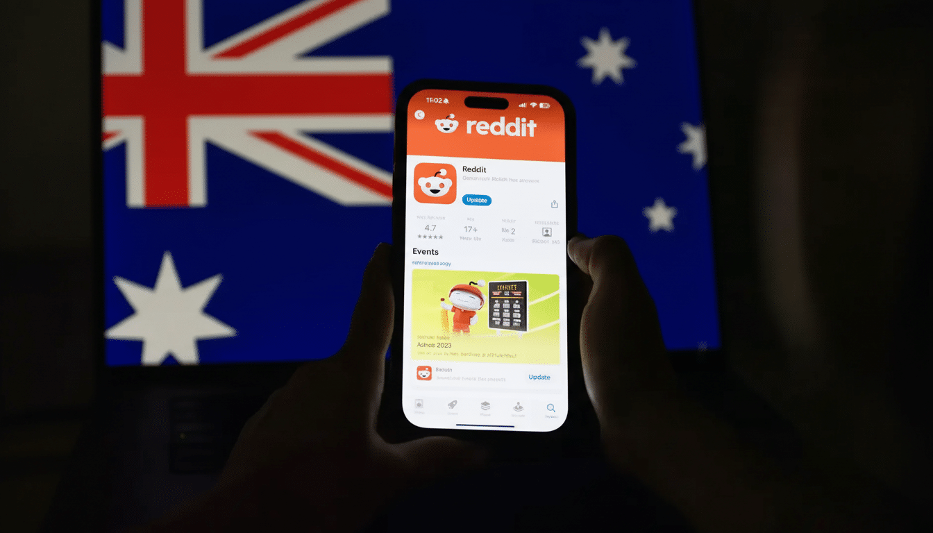 A person holding a smartphone displaying the Reddit app against a blurred background of the Australian flag.
