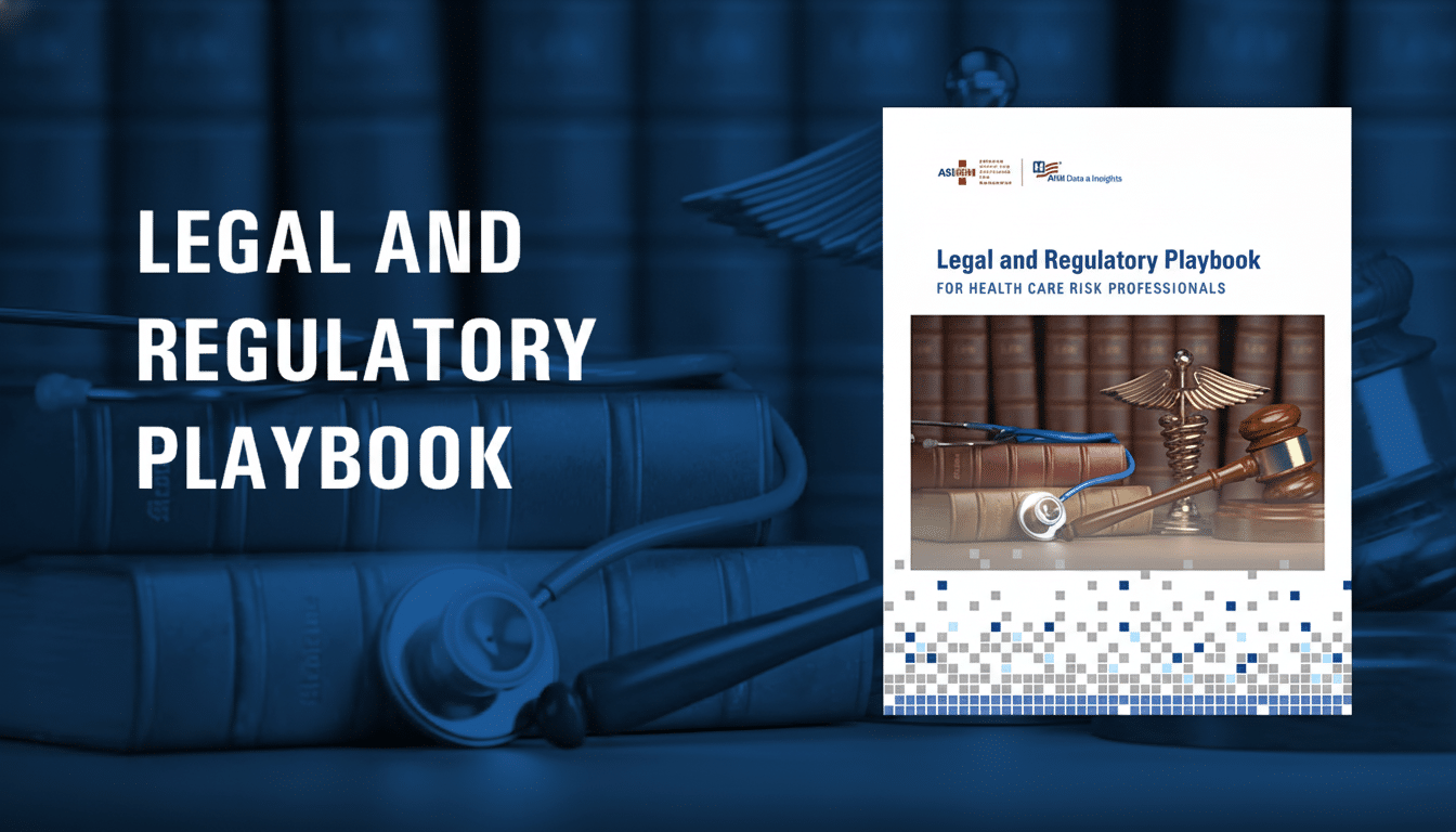A 16:9 aspect ratio image of the Legal and Regulatory Playbook cover, featuring a caduceus, gavel, and stethoscope on books, with the title LEGAL AND REGULATORY PLAYBOOK in large white text on the left.