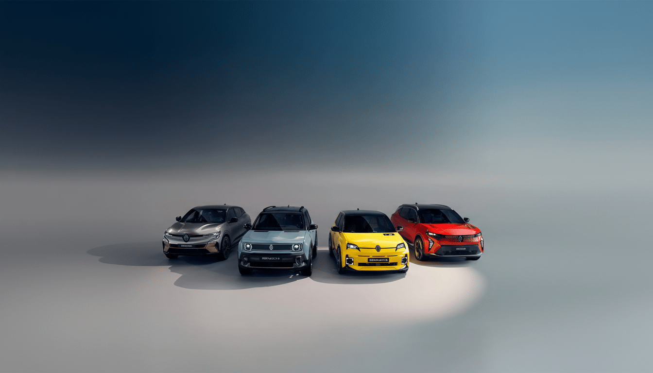 Four modern Renault cars, including a gray Megane, a light blue Renault 4, a yellow Renault 5, and a red Scenic, are parked in a row on a light gray surface with a dark blue gradient background.