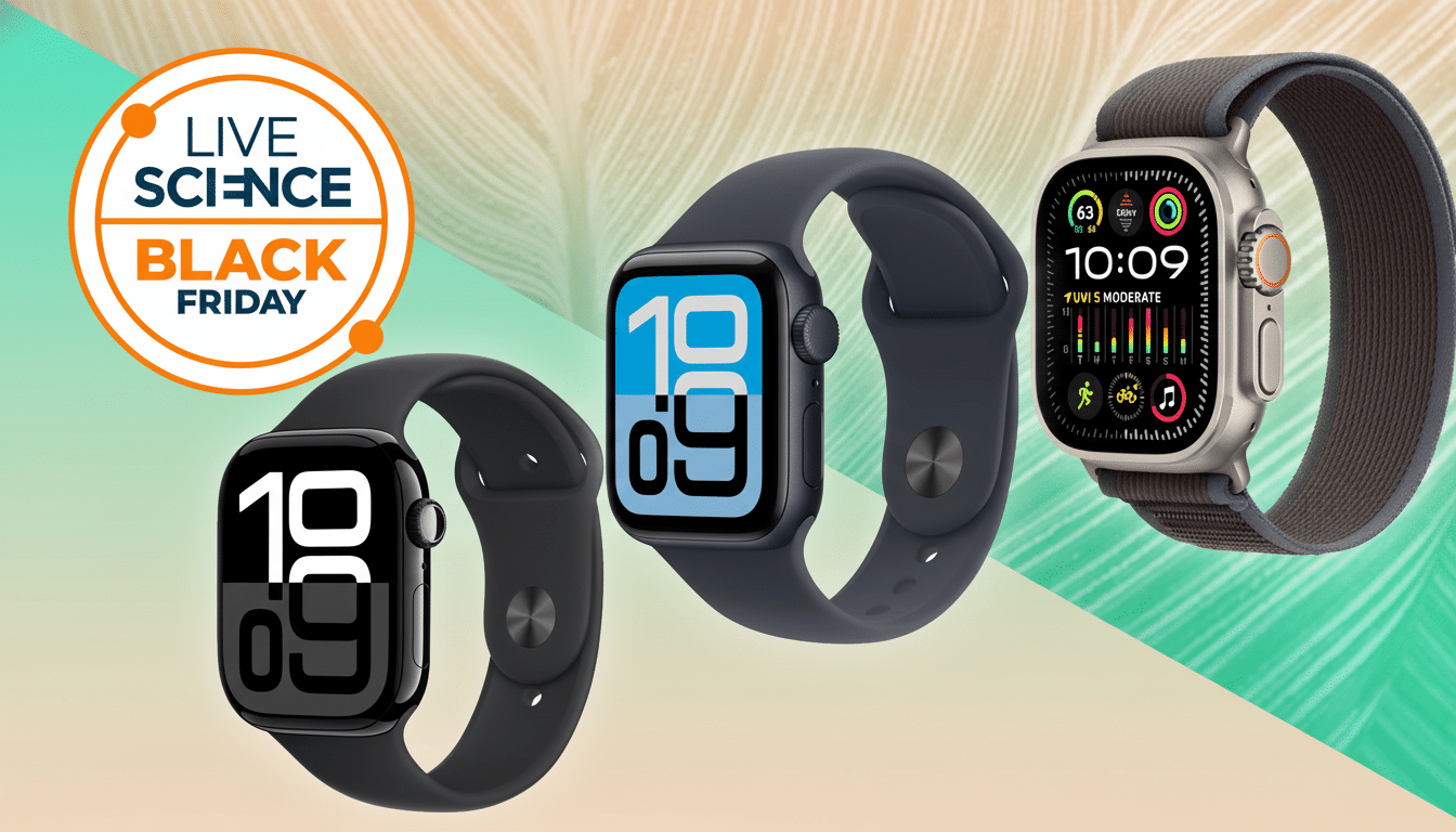 Three Apple Watches are displayed on a gradient background. From left to right, a black Apple Watch, a blue Apple Watch, and a silver Apple Watch with a dark gray band. A Live Science Black Friday logo is in the top left corner.