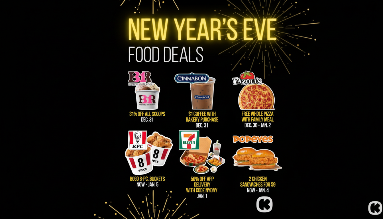 A New Years Eve food deals graphic with a black background and gold fireworks. It features six food deals from Baskin Robbins, Cinnabon, Fazolis, KFC, 7-Eleven, and Popeyes.