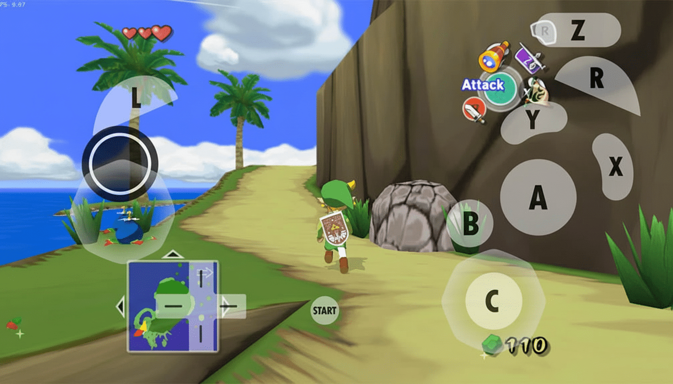 A screenshot from The Legend of Zelda: The Wind Waker, showing Link running up a path with palm trees and the ocean in the background, with on-screen touch controls overlaid.