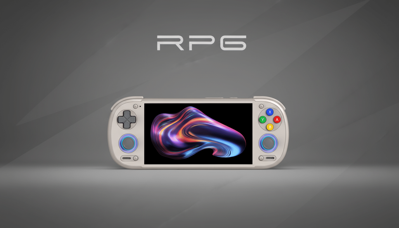 A professional, enhanced image of a white handheld gaming console with the letters RPG above it, set against a gray background with subtle diagonal patterns. The consoles screen displays a vibrant, colorful abstract design.