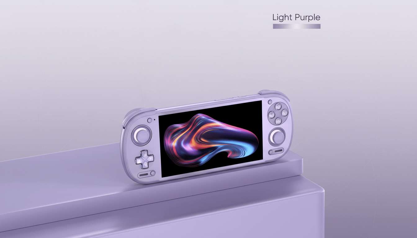 A light purple handheld gaming console with a vibrant abstract image on its screen, set against a professional light purple gradient background.