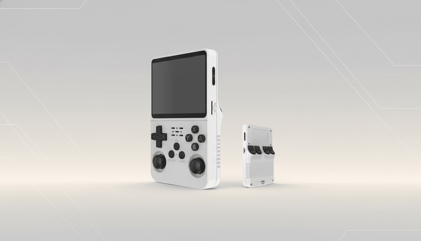 A white handheld gaming device with a screen and various buttons, presented at a 16:9 aspect ratio on a professional flat design background with soft patterns and gradients.
