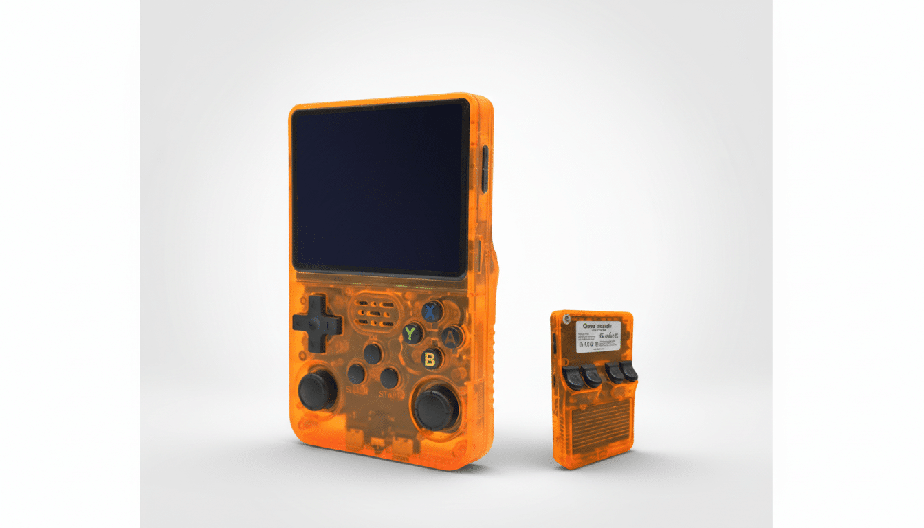 A transparent orange handheld gaming console with a black screen and controls, alongside a smaller, similar device, presented on a clean, professional light gray background.
