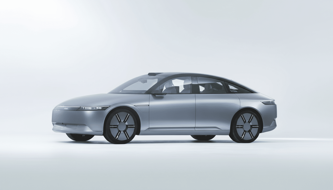 A sleek, light grey electric car with a black roof and unique wheel designs, presented against a clean white background.