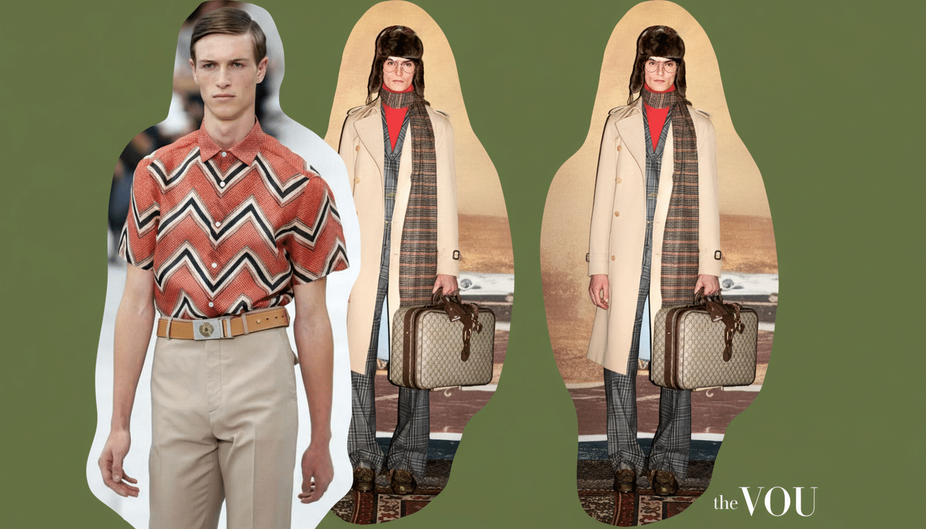 A 16:9 aspect ratio image featuring two fashion models. On the left, a male model wears a red and black zigzag patterned shirt with khaki pants. On the right, another male model wears a beige trench coat, a red turtleneck, plaid pants, a fur hat, and carries a patterned suitcase. The background is a solid olive green.