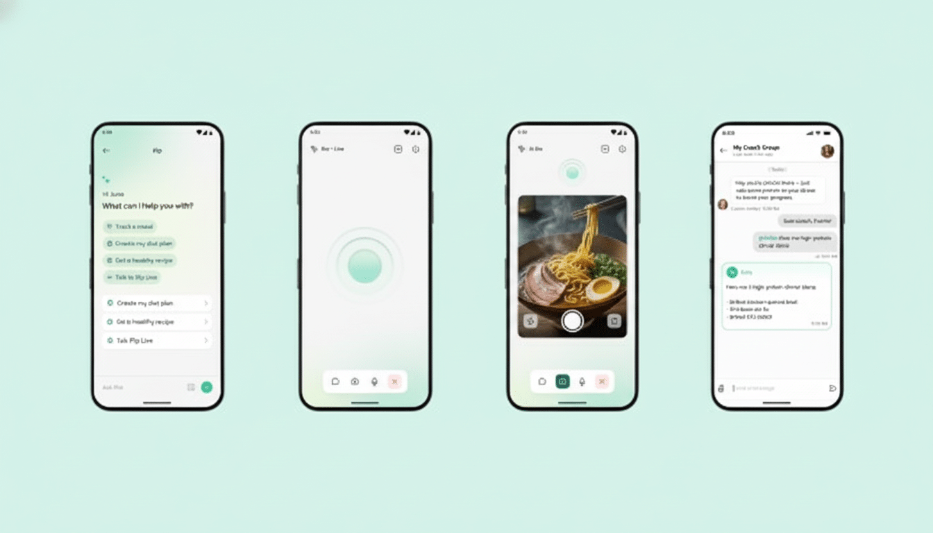 Four smartphone screens displaying different app interfaces, including a chat assistant, a live camera view, a food image, and a group chat.