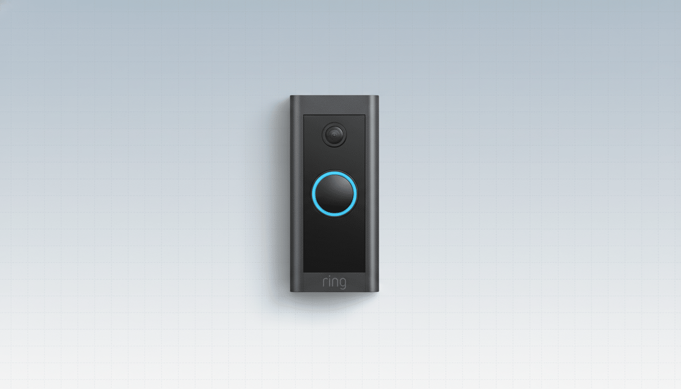 A Ring video doorbell in a 16:9 aspect ratio with a professional flat design background featuring soft patterns and gradients.