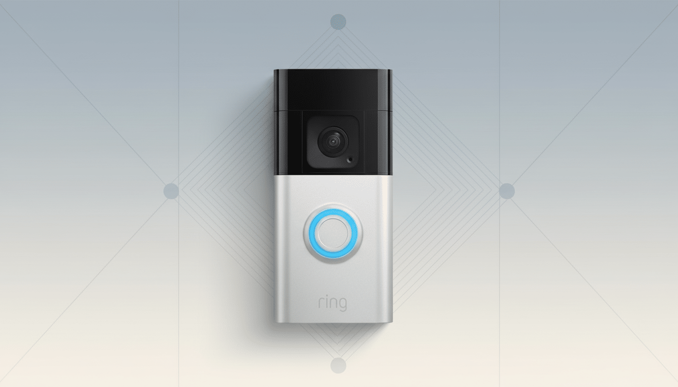 A Ring video doorbell with a black top section containing a camera lens and a silver bottom section with a glowing blue circular button and the ring logo, set against a professional flat design background with soft patterns and a gradient.